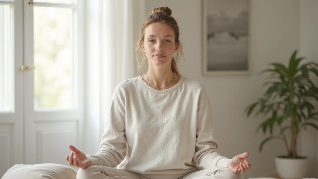 Persoon in meditatiehouding met open ogen, rustig en gefocust, in minimalistisch licht interieur