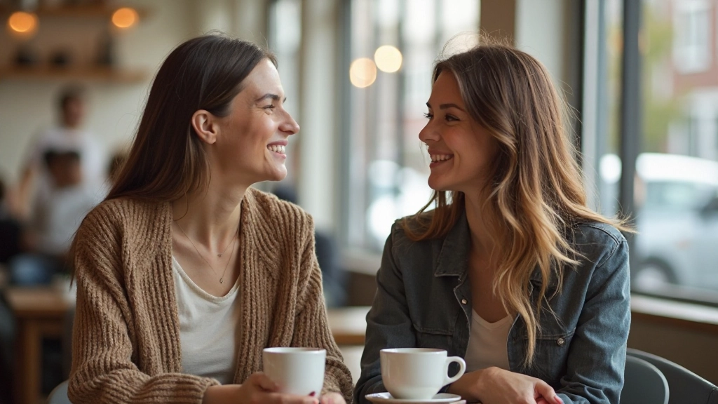 Twee vrouwen voeren een gesprek in een coffeeshop met vriendelijke, open lichaamstaal